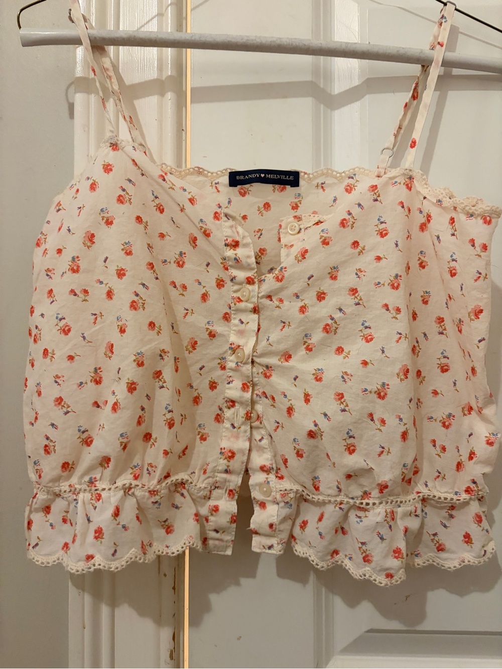 Brandy Melville Linen Cream Floral Button-Front Cropped Cami